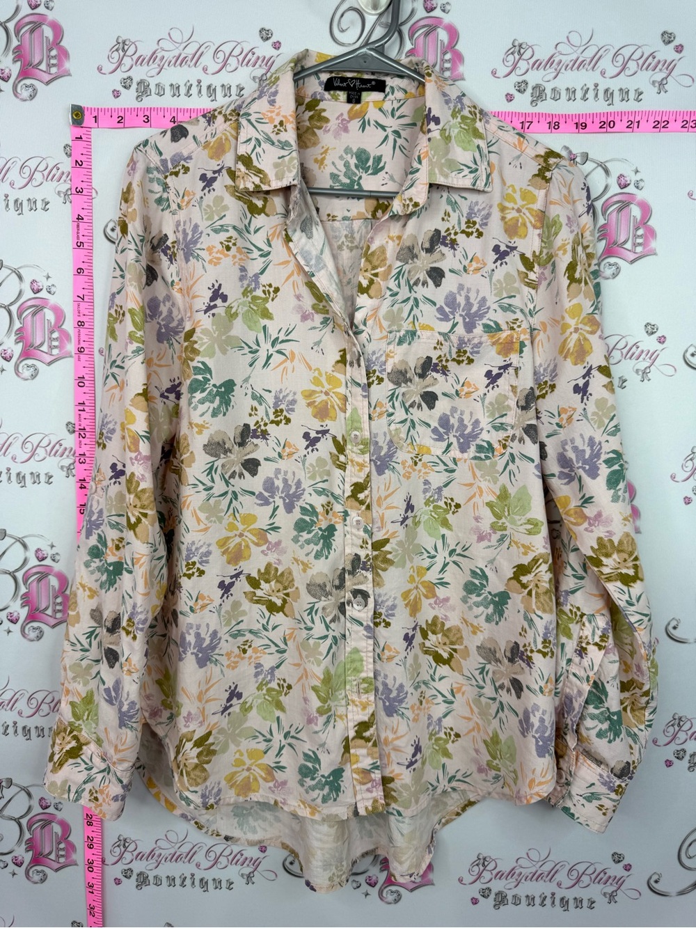 Velvet Heart Pastel Floral Button-Down Shirt - Cream, Green, Purple, Yellow